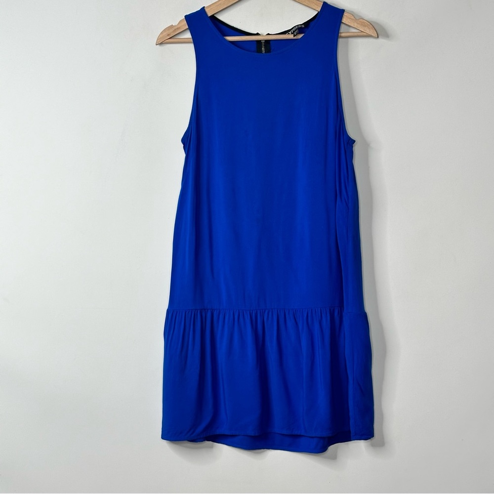 Express Womans Dress Sleeveless Back Zip Flutter Hem Mini Blue Size M
